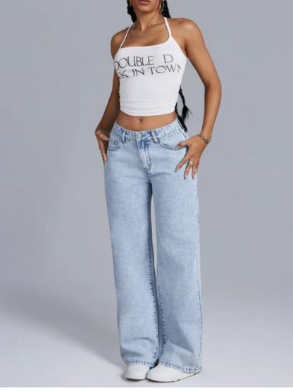 AVA | BAGGY FIT DENIM WITH SOFT PINK BOW TRIM