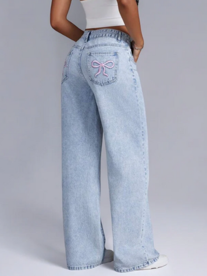 AVA | BAGGY FIT DENIM WITH SOFT PINK BOW TRIM