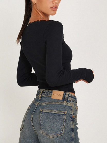 JENN | LONG SLEEVE CROP TOP WITH LACE TRIM