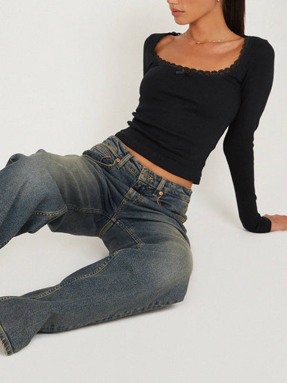 JENN | LONG SLEEVE CROP TOP WITH LACE TRIM