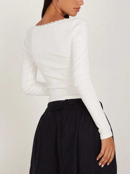 JENN | LONG SLEEVE CROP TOP WITH LACE TRIM